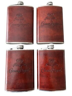 Crown Royal 8 oz Brown Faux Leather Wrapped Stainless Steel Flasks - lot of 4